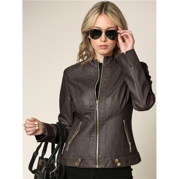 Slim Fit Stylish Vegan Leather Moto Jacket Coffee - Picture 1 of 7